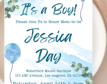 May include: It's a Boy! baby shower invitation with blue watercolor balloons and eucalyptus leaves. The invitation includes the name Jessica Day, the date and time of the event, and the location: Waterford Manor Gardens, 123 ABC Avenue, Los Angeles, CA 01234. It also includes the registry information: Amazon.com and Babylist.com.
