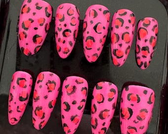 neon hot pink leopard print medium almond press on nails (y2k diva harajuku emo style)