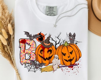 Boo Halloween PNG, Spooky Pumpkin PNG, Cute Halloween Sublimation Design, Ghost Bat Pumpkin Shirt PNG Digital Download