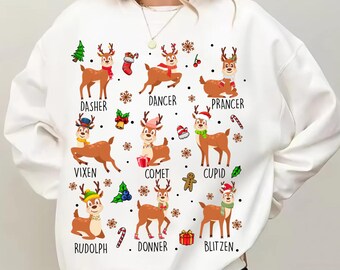 Lindos renos navideños PNG, nombres de renos de Papá Noel PNG, Dasher Dancer Prancer Rudolph PNG, diseño de sublimación navideña, imágenes prediseñadas de renos
