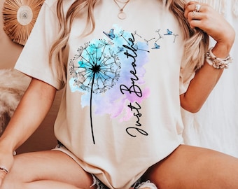 Nur atmen PNG, Löwenzahn PNG, Inspirationszitat PNG, Shirt Design für psychische Gesundheit, ruhige ästhetische Sublimation