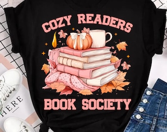 Cozy Readers Book Society PNG, Fall Pumpkin Books Mug Candle Sublimation, Autumn Reading Club PNG