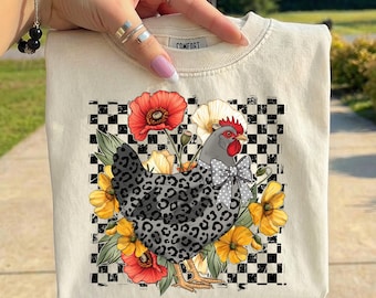 Leopard Chicken PNG, Checkered Floral Chicken PNG, Funny Chicken Shirt Design, Farm Life Sublimation, Chicken Lover PNG,Country Girl Graphic