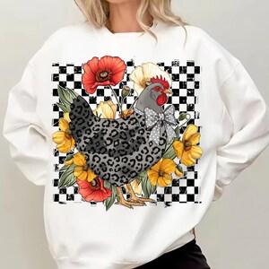 Leopard Chicken PNG Checkered Floral Farmhouse Sublimation Design