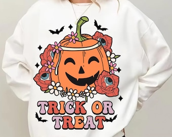 Trick or Treat PNG, Cute Pumpkin Halloween PNG, Floral Jack O Lantern PNG, Retro Halloween Sublimation, Spooky Season Design