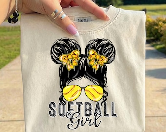 Softball Mom Messy Bun PNG, Sports Mom Sunglasses Design, Game Day Softball Shirt, Softball Mama PNG, Retro Softball Sublimation