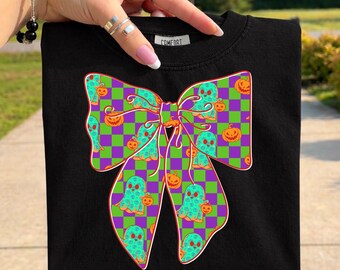 Coquette Halloween Bow PNG, Ghost Bow PNG, Cute Halloween Coquette PNG, Checkered Bow Shirt Design, Sublimation Download