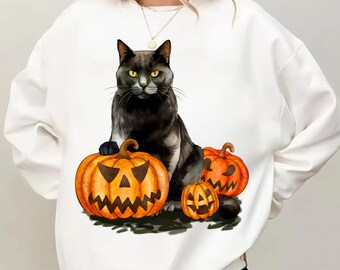 Black Cat Halloween PNG, Black Cat Pumpkin PNG, Spooky Cat Clipart, Halloween Cat Sublimation, Watercolor Cat PNG, Fall Pumpkin Design