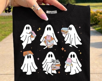 Buch-Geist PNG, Lese-Geist PNG, Süßer Halloween-Geist Clipart, Buch-Liebhaber PNG, Gruseliger Leser Sublimation Design