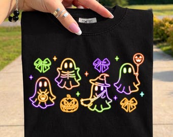 Leuk halloweenspook png, neonspook halloween-shirtontwerp, spookachtig schattig png, retro halloween-sublimatieontwerp, Trick or treat, png
