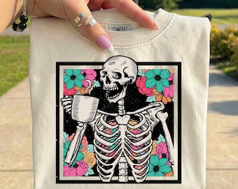 Skeleton Coffee PNG, Floral Skeleton PNG, Spooky Coffee Lover PNG, Goth Halloween Clipart, Sublimation Design