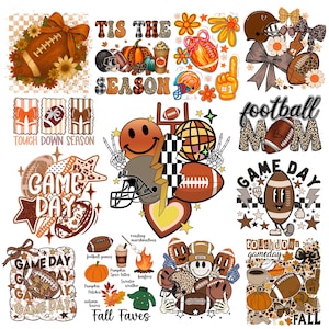 May include: A collection of football-themed digital graphics. Includes footballs, helmets, and text like "Game Day" and "Fall Faves." The designs feature a mix of colors, including brown, orange, and black, with floral and leopard print accents. Perfect for crafting.
