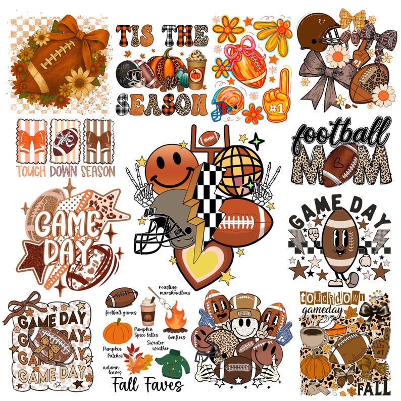 May include: A collection of football-themed digital graphics. Includes footballs, helmets, and text like "Game Day" and "Fall Faves." The designs feature a mix of colors, including brown, orange, and black, with floral and leopard print accents. Perfect for crafting.