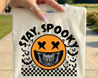 Stay Spooky PNG, Halloween Smiley Face PNG, Skull Smiley Halloween Design, Retro Spooky Sublimation PNG