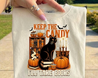 Keep The Candy I'll Take-boeken png, boekenliefhebber Halloween-png, Black Cat Reading-sublimatieontwerp, spookachtig leesgrage png