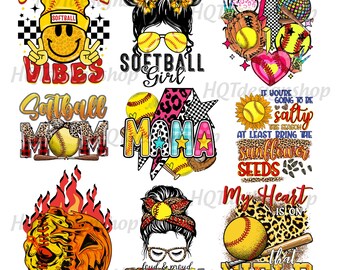 Pacchetto PNG di softball, PNG per mamme di softball, design per magliette da softball, PNG per il giorno della partita, sublimazione per mamme sportive, pacchetto di magliette per squadre, 9 file PNG