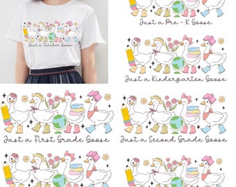 Pacote de imagens PNG de gansos para a volta às aulas, PNG para o primeiro dia de aula, PNG para o jardim de infância, PNG para camisetas por nível escolar, PNG de ganso fofo para sublimação.