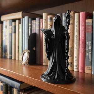 Puede incluir: Una figura negra de una figura encapuchada sosteniendo un libro y un bastón, colocada en una estantería de madera. La figura está frente a una colección de libros de varios colores y tamaños. Una pequeña foto enmarcada y una planta en maceta también están en el estante.