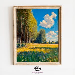 Printable Vibrant Meadow Oil Painting, Rustic Summer Landscape Art, Leafy Green Field Scene, Tranquil Nature Digital Wall Decor 1181