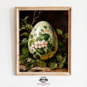 手描きの陶器製エッグアート - 花柄の春の装飾、素朴なコテージコア風ウォールアート、ヴィンテージイースターエッグの印刷物 1193