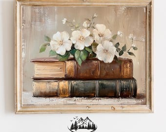 Aged Books with Delicate White Blossoms, Vintage Library Printable, Rustic Farmhouse Decor, Cottagecore Spring Wall Art, Romantic Scene 1122