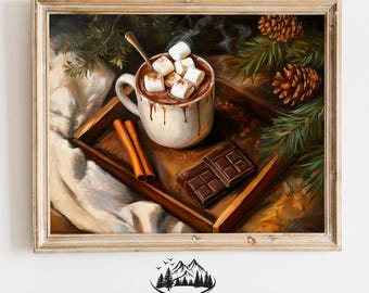 Heißer Kakao mit Marshmallows, Zimt & Schokolade - Rustikale Vintage Weihnachtsküche Kunst, Gemütliche Winterwanddekoration, Festlicher Feiertagsdruck 693