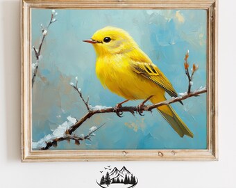 Pájaro curruca amarilla radiante pintura al óleo imprimible descarga digital rústica casa de campo pastel vintage naturaleza decoración 779