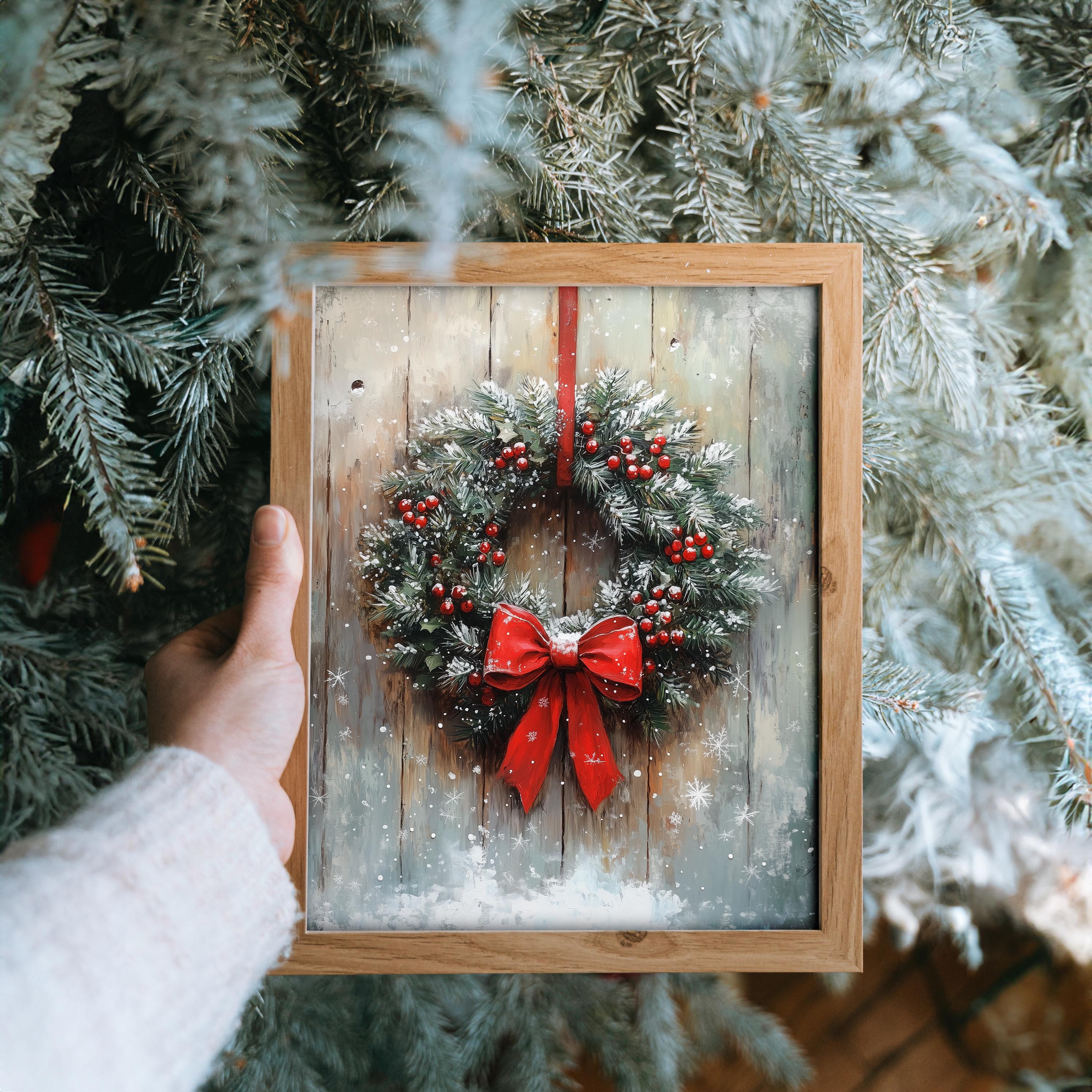 赤いリボンのクリスマスリースのアートプリント - ヴィンテージホリデーウォールアート、素朴なクリスマスデコレーション、お祭りのリースのシーン、冬のデジタルプリント  392 - Etsy 日本, image size:3000x2999