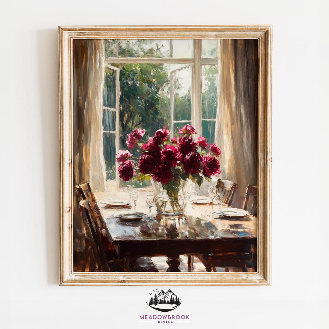 Vintage Dining Table Oil Painting - Cozy Rustic Scene, Cottage Style Wall Art, Earthy Dining ...