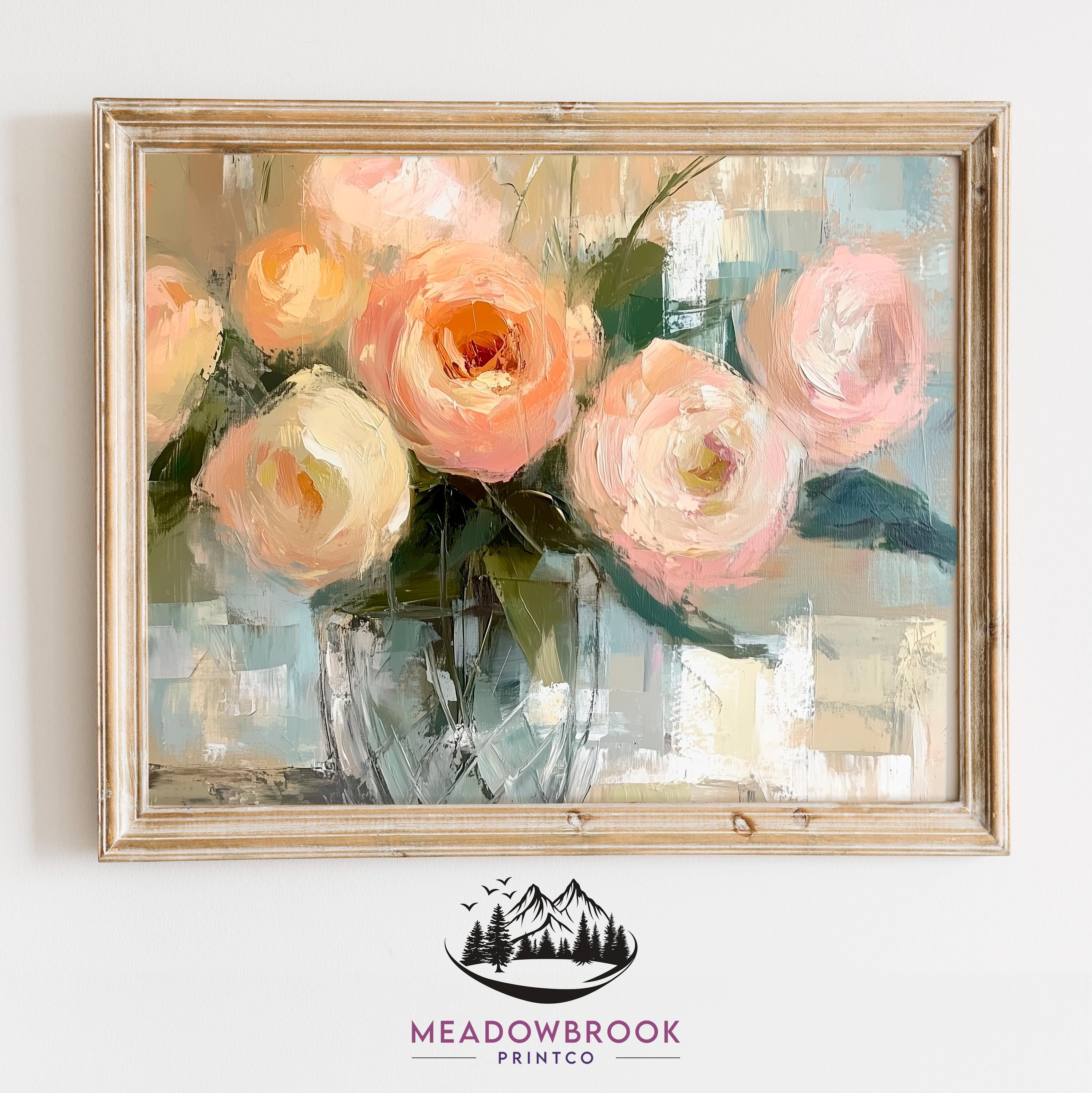 Soft Pink and Peach Ranunculus in Vase - Spring Floral Printable, Romantic Cottagecore Painting, Vintage Wall Art, Pastel Home Decor 1079