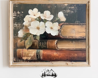 Stacked Antique Books with Blooming Flowers - Vintage Book Lover Printable, Rustic Farmhouse Wall Art, Cottagecore Elegant Literary Art 1123