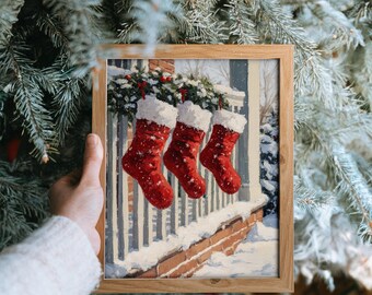Christmas Stockings Hanging on Snowy Porch Art - Vintage Holiday Wall Art, Rustic Christmas Decor, Cozy Winter Scene, Digital Print 381