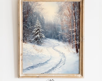 Snowy Forest Trail in Winter Art - Rustic Winter Woodland Scene, Cozy Christmas Decor, Earthy Snowy Forest Wall Art, Digital Print 453