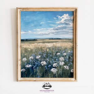 Pintura al óleo vintage de llanura abierta - Arte mural imprimible, arte paisajístico rústico, racimos dispersos, decoración natural terrosa, impresión digital 1198