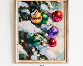 May include: A painting of a snowy Christmas tree with colourful baubles. The baubles are red, green, purple, yellow, and blue. The tree is covered in snow and the background is a light blue.