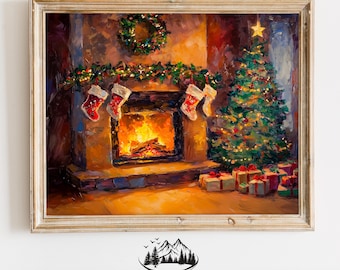 Gemütliches Weihnachts Wohnzimmer mit Kamin - Rustikale Winter Wand Kunst, Weihnachtsbaum und Weihnachtsdeko, Weihnachtsdeko, zum ausdrucken 552