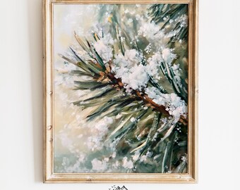 May include: A close-up of a pine branch covered in snow. The snow is white and fluffy, and the pine needles are green. The background is blurred and out of focus.