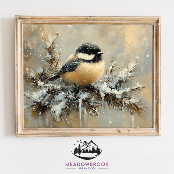 Chickadee Bird Winter Icicles Snowy Branches Printable Digital Download Cozy Rustic Cottagecore Painting Farmhouse Nature Wall Decor 727