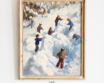Children Building Snow Forts Winter Art - Rustic Christmas Cottagecore Scene, Cozy Winter Holiday Decor, Snowy Wall Art, Digital Print 442