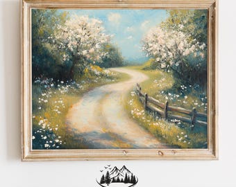 Winding Country Road in Bloom, Spring Landscape Printable, Cottagecore Easter Painting, Vintage Farmhouse Wall Art, Pastel Nature Decor 1062