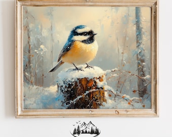 May include: A blue and yellow bird perched on a tree stump in a snowy winter woodland. The bird has a black head and a white belly. The background is a soft, muted blue and white.
