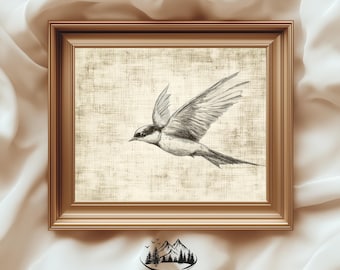 Flying Barn Swallow Wall Art - Rustic Bird Print, Vintage Farmhouse Decor, Neutral Bird Artwork, Digital Painting, Printable Art 989