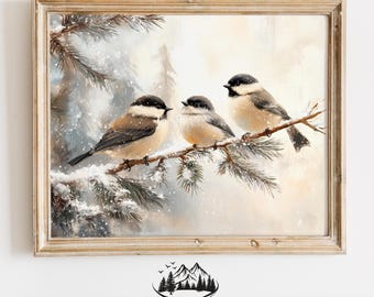 Chickadees Perched on Snowy Pine Branches - Peaceful Vintage Christmas Wall Art, Rustic Winter Holiday Decor, Nature-Inspired Bird Print 709