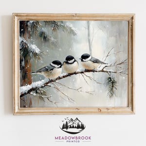 Chickadees Perched on a Snowy Evergreen Branch, Peaceful Winter Nature Art, Cottagecore Bird Wall Decor, Digital Printable Holiday Scene 630