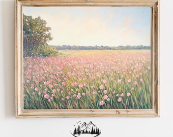 Pink Buttercup Field - Vintage Spring Landscape Printable, Easter Wildflower Painting, Cottagecore Nature Wall Art, Country Decor 1051