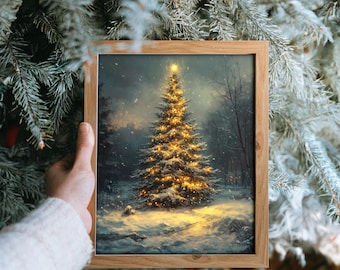 Snow-Covered Christmas Tree with Golden Lights Art - Rustic Winter Holiday Scene, Cozy Cottagecore Christmas Tree Decor, Wall Art Print 450