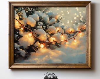 Twinkling Lights on Snowy Branches - Rustic Winter Wall Art, Moody Christmas Decor, Cozy Holiday Painting Printable, Warm Lights Print 471