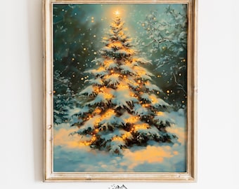 Christmas Tree Covered in Snow with Lights Art - Rustic Winter Holiday Scene, Cozy Cottagecore Christmas Tree Decor, Wall Art Print 449