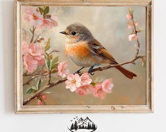 Songbird on Blossoming Branch - Spring Printable Wall Art, Vintage Bird Painting, Cottagecore Floral Print, Easter Decor Download 1042