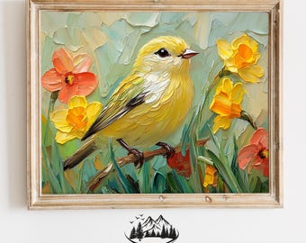 Pájaro pinzón entre brillantes narcisos Escena primaveral Pintura imprimible Descarga digital Decoración rústica de granja Cottagecore Pastel Naturaleza 874